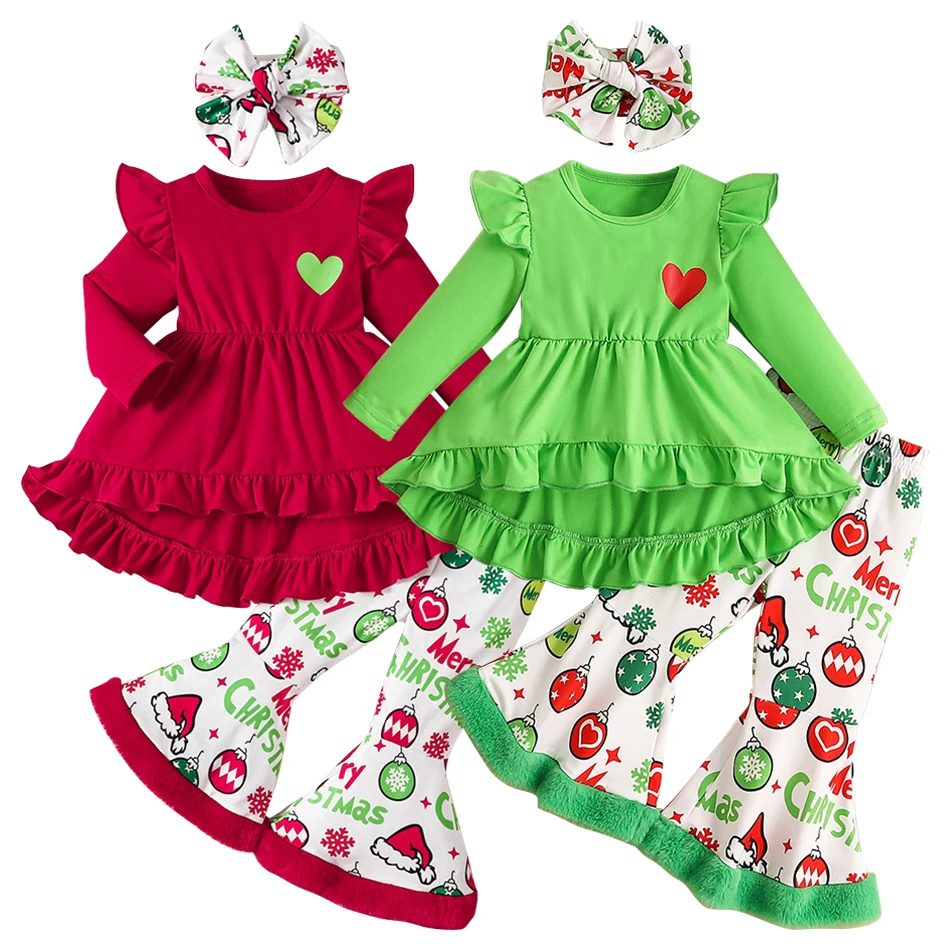 Christmas Holiday Party Girls Ensemble Long Sleeve Top with Heart Design Plush Velvet Pants and Hairband Sets Enjoy Festive Fun