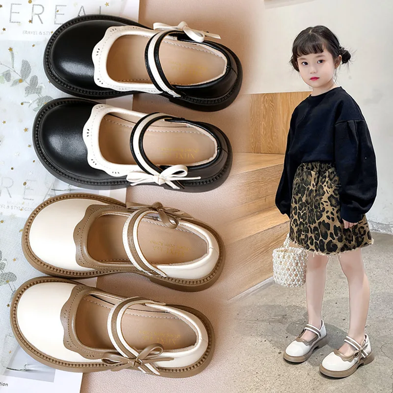 

Autumn New Girl Leather Shoes Bowtie Black Beige School Causal Children Flat Elegant Round Toe Fashion Patchwork Kids Mary Janes