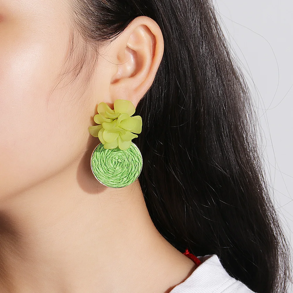 Korea Bohemian Raffia Earrings Handwoven Rattan Flower Earrings For Women Straw Weave Knit Vine Wood Drop Earring Beach Vacation