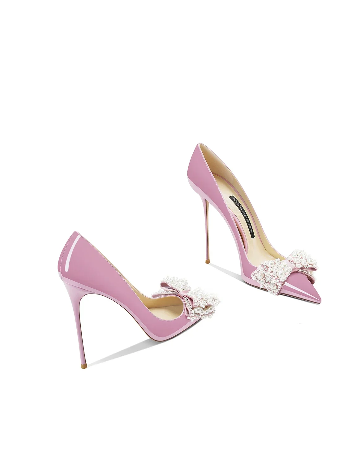 

French Sweet Patent Leather Pink Bow Pearl Pointed Stiletto High Heels Women