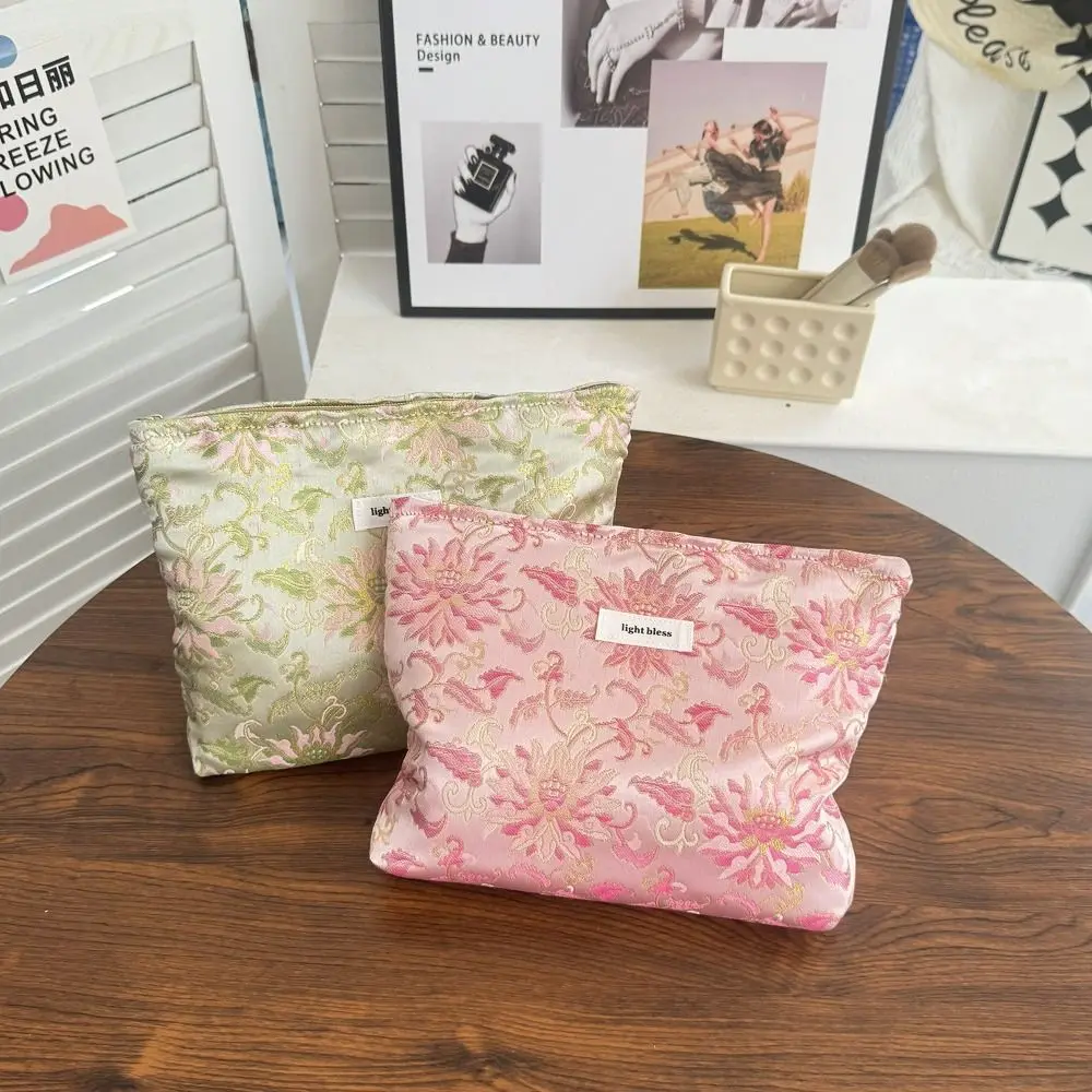 Canvas Cosmetic Bag Lotus Pattern Chinese Inspired Style Makeup Pouch Jacquard Texture Large Capacity Organizer Pouch