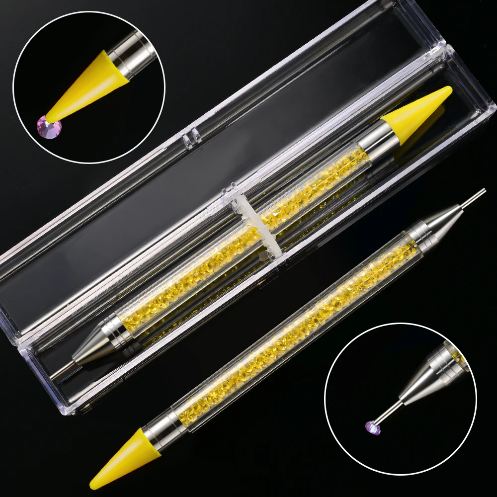 7 色双頭ネイルアート点在ワックスペン + ラインストーンピッカー + 透明ジャケットクリスタルハンドルラインストーンアプリケーターツール