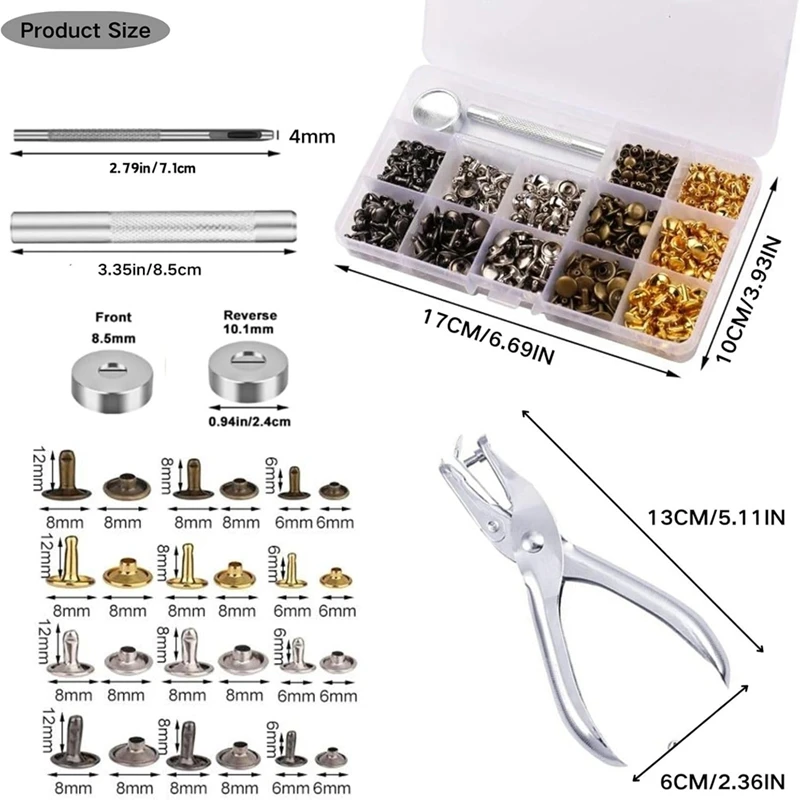 Kit de rebite de couro quente, 180 conjuntos de rebites de tampa dupla tubulares, rebites e encaixes de couro de 4 cores e 3 tamanhos, para couro fino, jaqueta