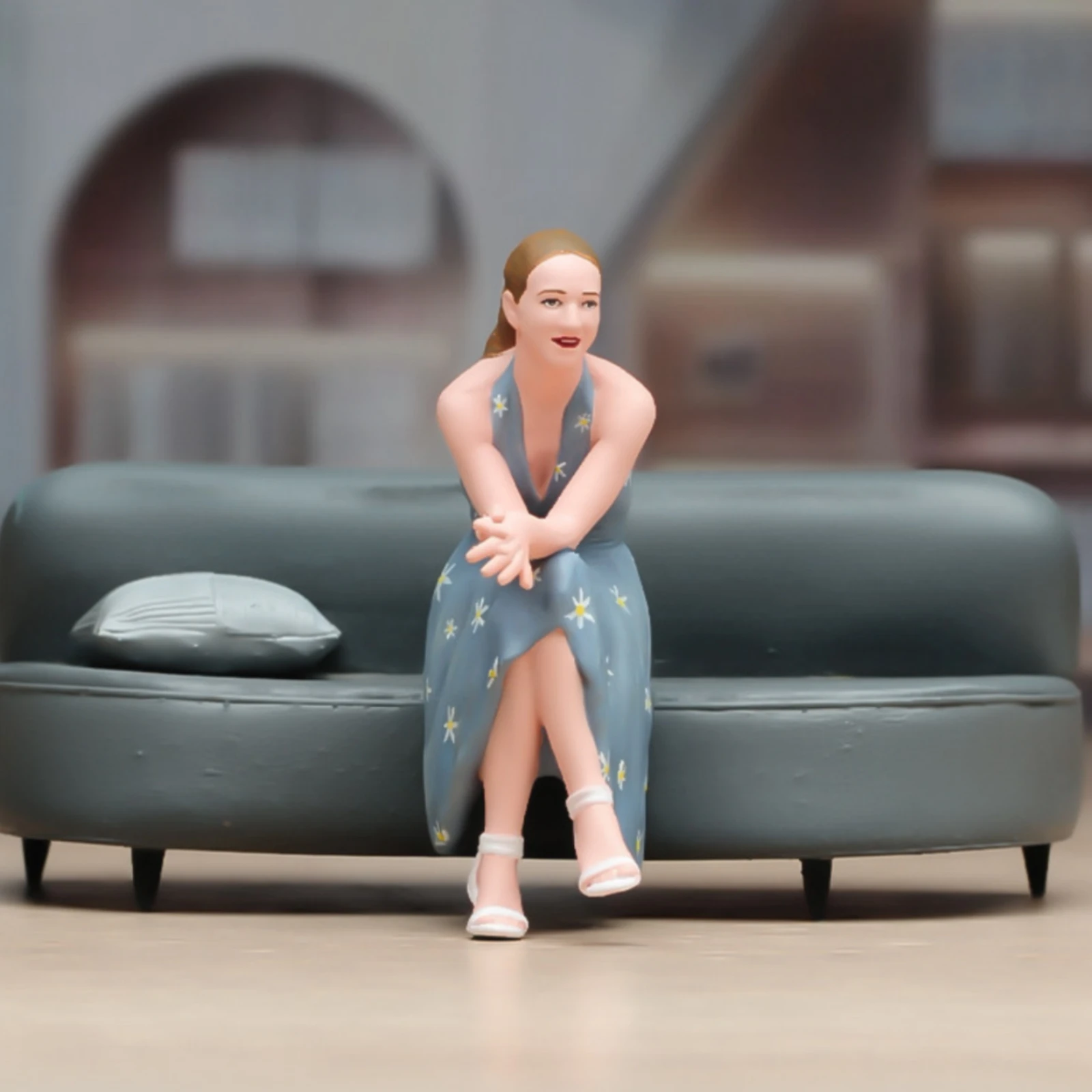 

1:24 Scale Figurine Miniature Seated Woman Figurine Desk Ornament Blue Dress White Sandals