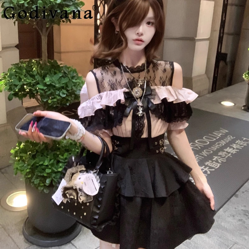 

Women's Lolita Style Sweet Lace Dress Japanese Style Princess Slim Fit Lace Dress Female Summer Pink Black Short Dress
