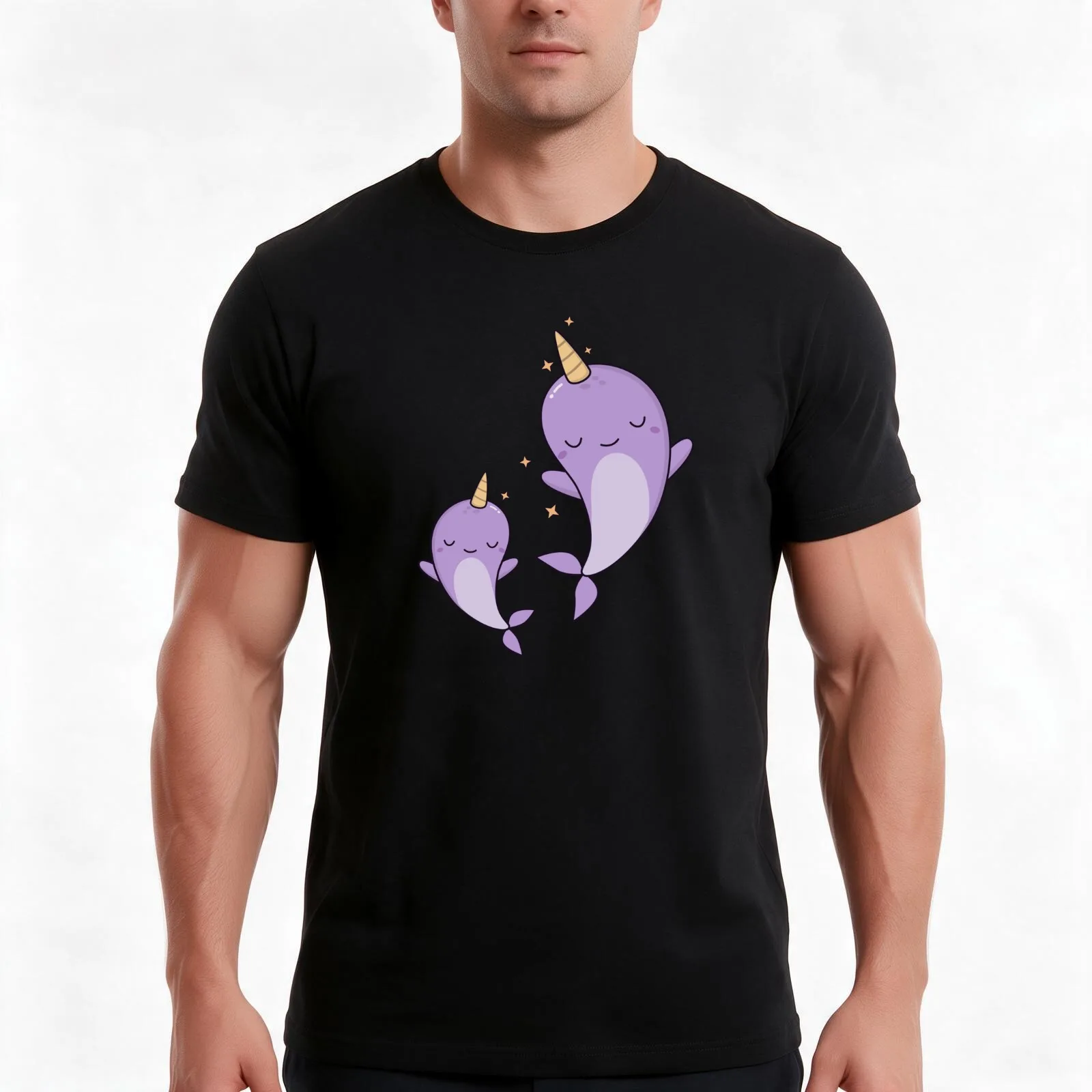 Kawaii Cute Narwhals Swimming In The Ocean T-Shirt Summer Casual Cotton Tee Oversized Streetwear Tops Vintage Graphic Print