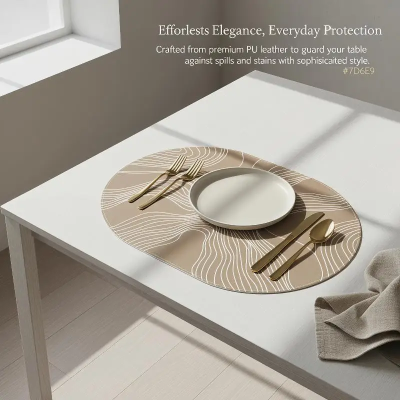 Nordic Style Oval PU Leather Placemats Waterproof Oilproof Dining Table Mats for Everyday Family Meal Setting