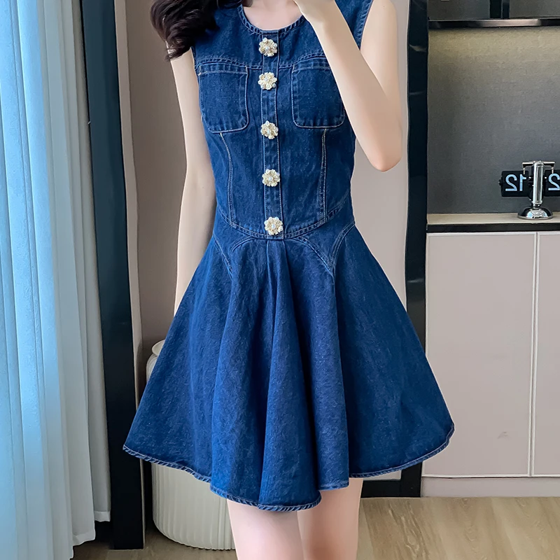 

Women's Denim O-Neck Mini Dress Sleeveless Dresses Zipper Fashion Casual Summer Sundress Short Jean Dress Tank Outfits Female