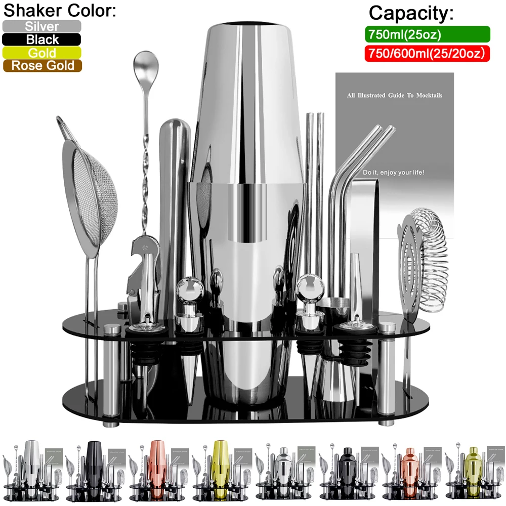 Juego de coctelera de 16 piezas con soporte para recetas de cóctel, cocteleras Boston de 750/600 ml, Jigger, Muddler, vertedor, colador, cuchara