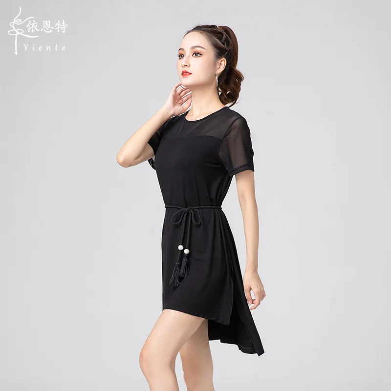 1 ピース/ロット女性ファッション黒ラテンドレスドレス女性の夏の半袖レースパッチワークダンスドレスとベルト