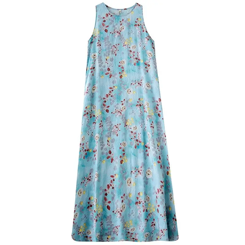 2025 ชุดเดรสแขนกุดโบฮีเมียนฤดูใบไม้ผลิฤดูร้อนของผู้หญิง - ชุดเดรสแม็กซี่เดรสคอกลมพิมพ์ลายลําลอง Flowy Beachwear G319