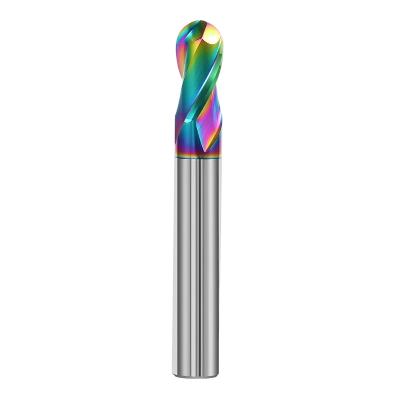 65° Extended Length Ball Nose End Mill - Rainbow Alloy Coated 2-Flute CNC Spherical Milling Cutter
