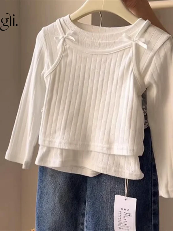 

Girls' Spring Autumn Cotton Lace Csole Tank Top Boting irt Denim Tee-Piece Set Baby Outfit Korean Sle Long Sve