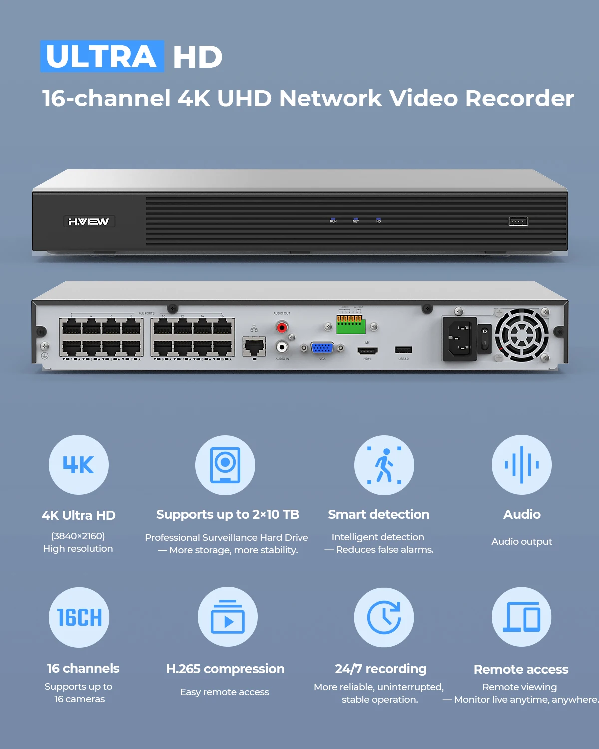 H.View Network Video Recorder 16ch 4K/8MP/6MP/5M/4MP/3MP H.265 Poe Nvr Cctv Surveillance Security System for IP Camera Onvif