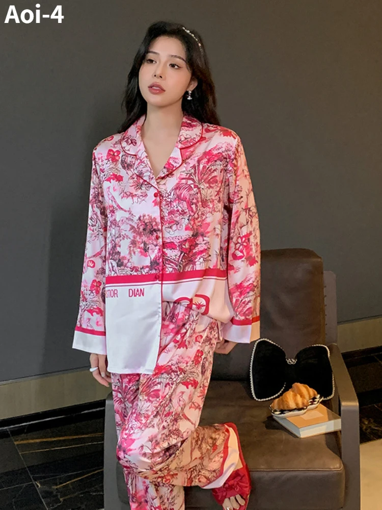 

Fashion Printed Ice Silk Pajamas Women's Spring Autumn New Satin Outer Wearing Home Clothes Loose Comfortable Pajamas Suit