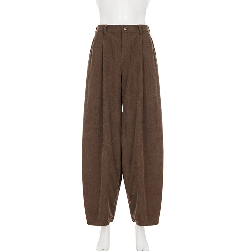 OMSJ automne hiver marron velours côtelé pantalon pour femmes Style de rue loisirs Vintage taille haute coupe ample confort jambes larges pantalon