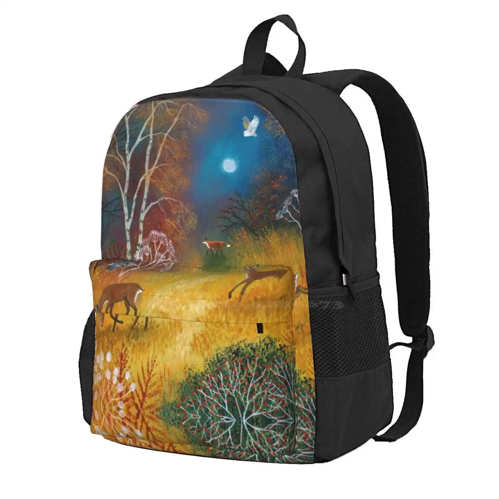 Moon Rise Hot Sale Schoolbag Backpack Fashion Bags Moon Deer Night Scene Fox Owl Landscape Autumn