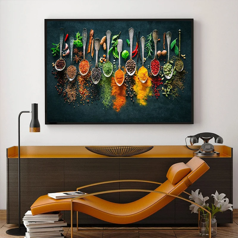 Cocina moderna, hierbas, especias, utensilios para Sushi, cuchara, cuadro artístico de pared, pintura en lienzo, obra de arte de lujo, póster