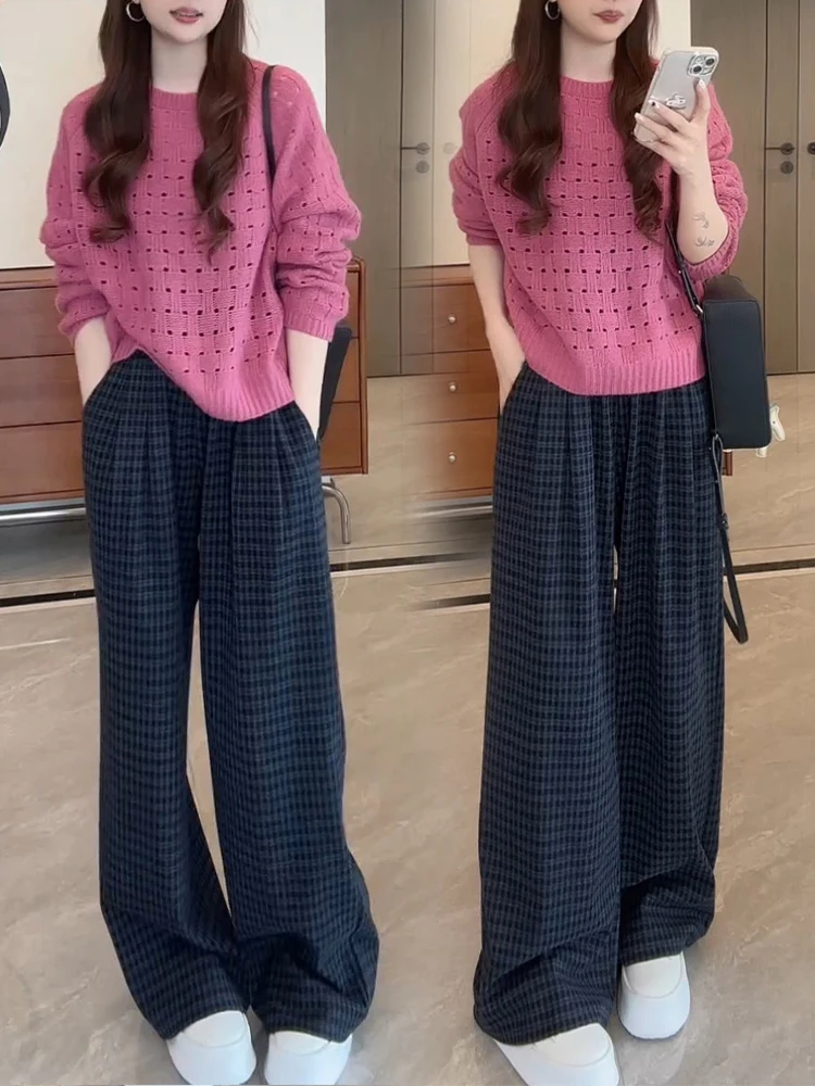 

Spring 2026 Women's Plaid Casual Pants Knitted Hollow Long Sve Top Two-Piece Set High Waist Breathable Mid-Thi Autumn Wear