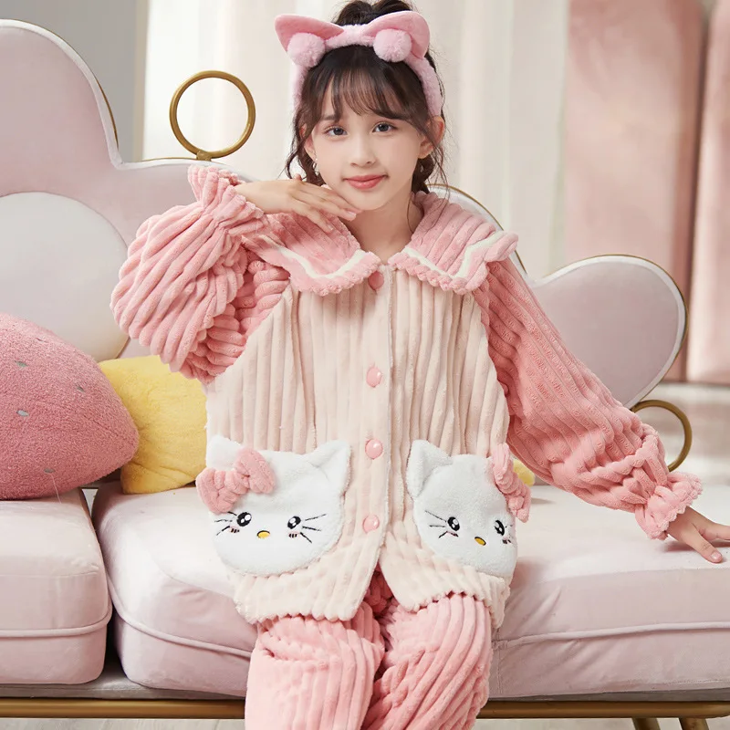 

Kawaii Sanrio Hellokitty Children Flannel Pajamas Anime Cinnamoroll Kuromi Kids Winter Sleepwear Autumn Sanrio Girl Homewear