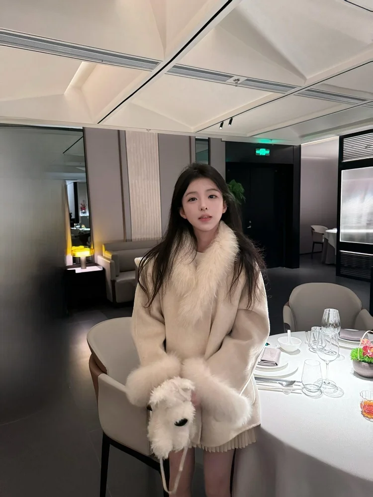 

Ele Fur Lined Open Front Woolen Coat Women's Loose Warm Winter New Sle Cloak Coat Pure Color Long Sve Outerwear