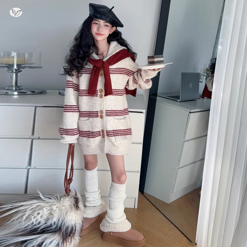 

Autumn Korean Kids Girls Sweater Coat Teenager Girls Striped Hooded Knitted Outerwear Children Girls Long Sleeves Shawl Top