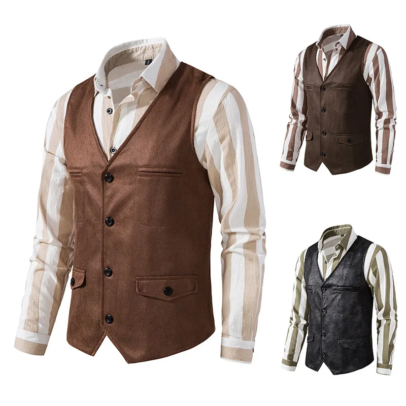 

hot Sell Retro Mens Suit Vest Slim Fit Single-breasted Suede Casual Business Vest Fashion Men V-Neck Waistcoat