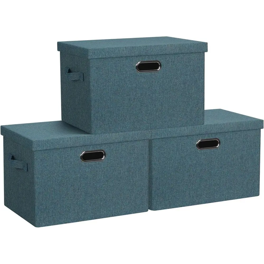 

Large 17" 36 Quart Collapsible Stackable Storage Bins with Lids, 3 Packs Blue-Green Linen Fabric Closet Boxes with Lids, Storage