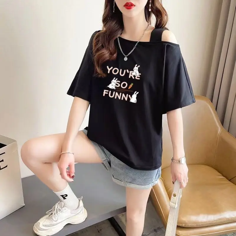 Fashion Slash Neck Printed Cartoon Slip Off Shoulder T-Shirts Female Clothing 2024 Summer Loose Casual Tops All-match Tee Shirt