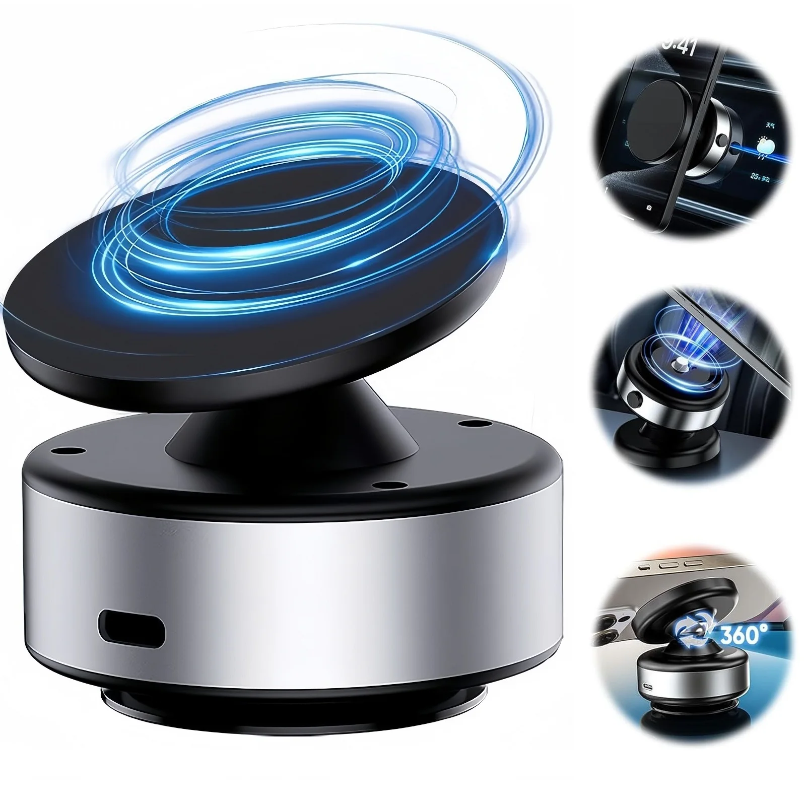 車載用電動真空吸着式マグネット式スマホホルダー ジムマウント 360度回転 °   スマートフォン用回転式マグセーフ吸盤式スマホホルダー