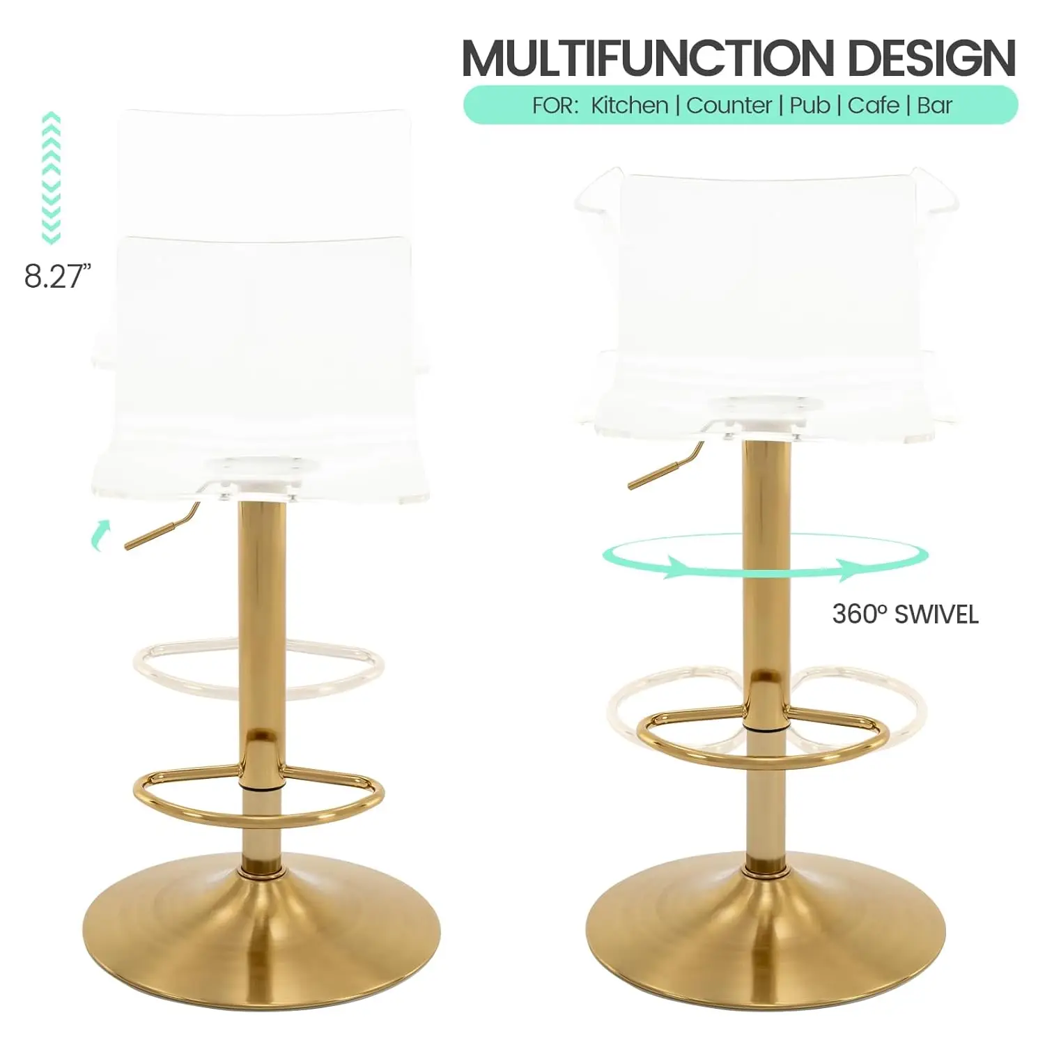 Taburetes de Bar Acrílicos con Respaldo Medio, Juego de 2, Transparentes, Ajustables, Giratorios, con Elevación Neumática, Altura de Barra, Personalizables