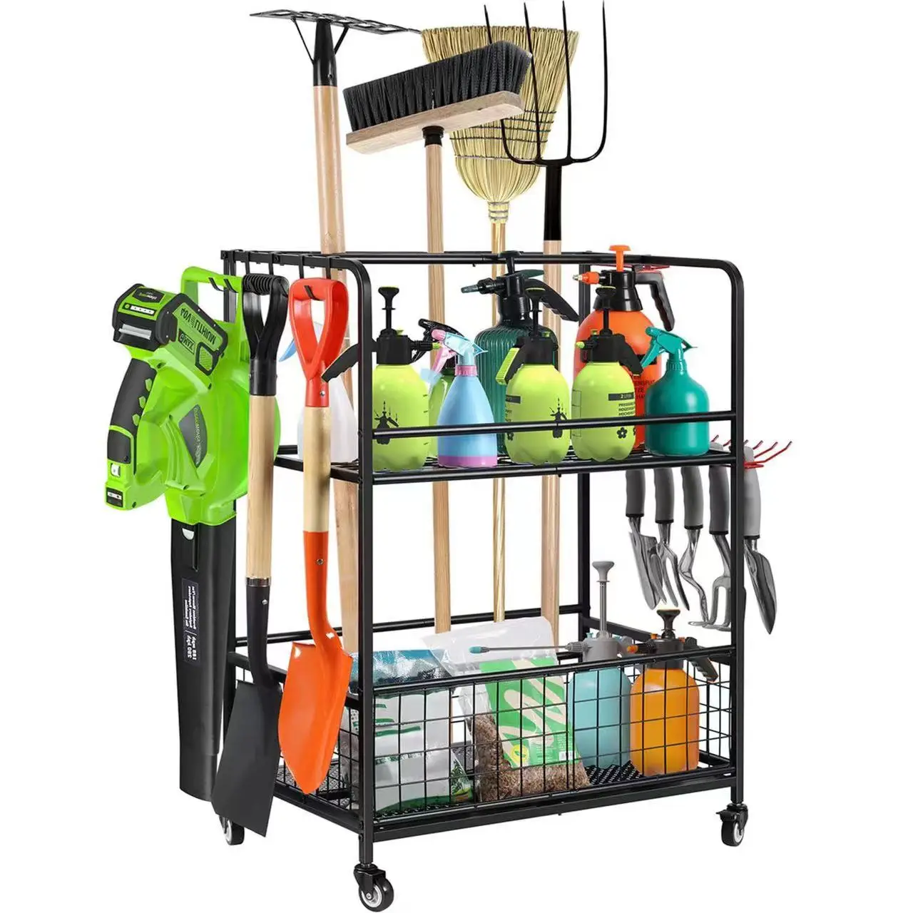 

Garden tool storage rack, cleaning tool storage rack with wheels, organizing storage rack rack