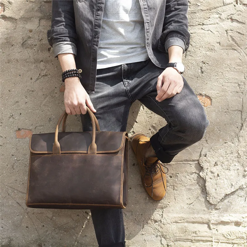 Mallette en cuir véritable étanche pour homme, sac à main pour ordinateur portable, sacs à bandoulière de travail, simple, fou, cheval, cirhide, affaires, vintage, quotidien