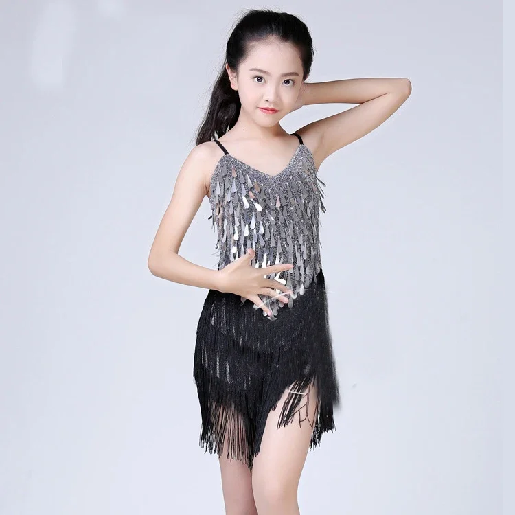 Girls Sequin Fringe Tassels Latin Dance Dress Cha Cha Competition Children Latin Dress Dancing Costumes Kids Performance Outfits