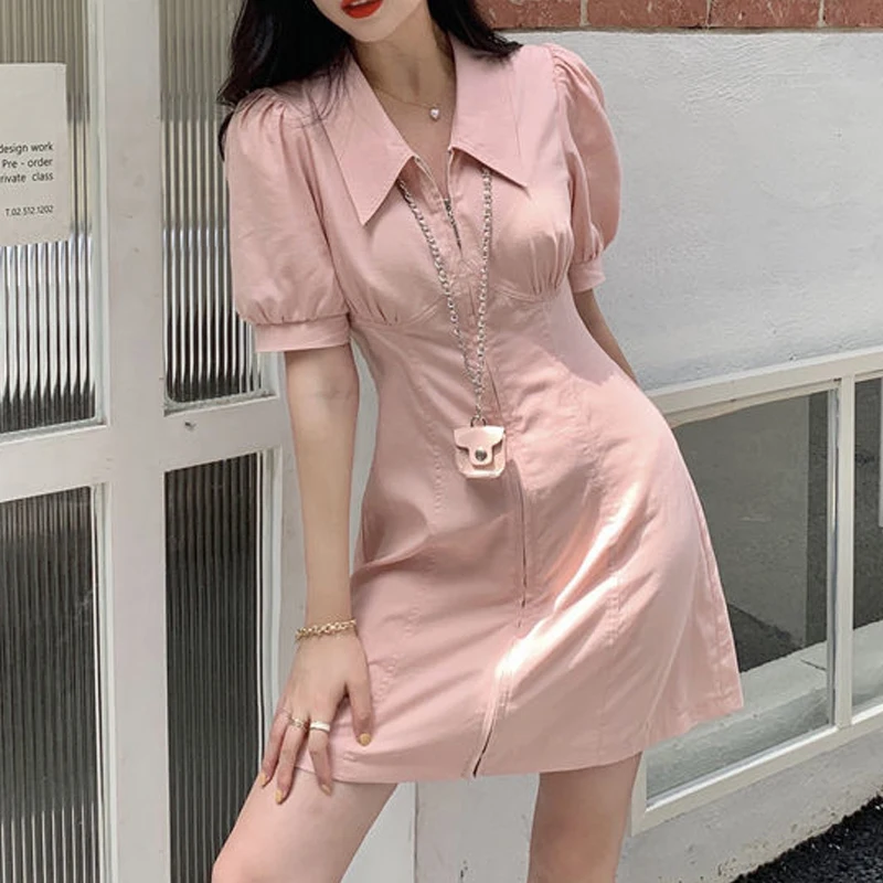 Women Korean Fashion Polo Collar Solid Sweet Chic Zipper Mini Dress 2024 Summer Casual Short Sleeve Slim Dresses Elegant Vestido