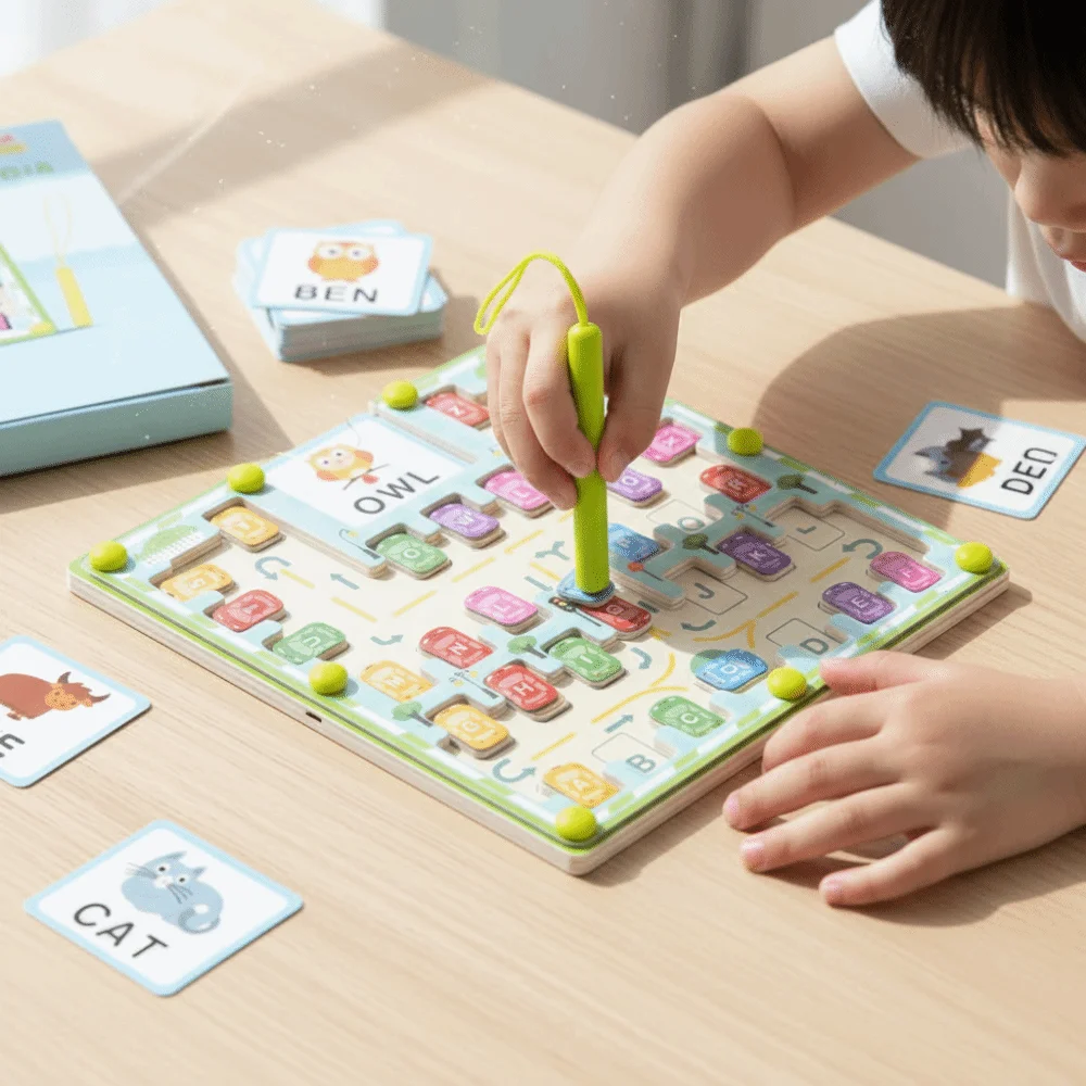 Drewniany Magnetyczny Labirynt z Kolorowymi Literami 26 Angielskich Liter Puzzle Literowe Montessori Tablice Puzzle Przenośna Ćwiczenia z Literowaniem