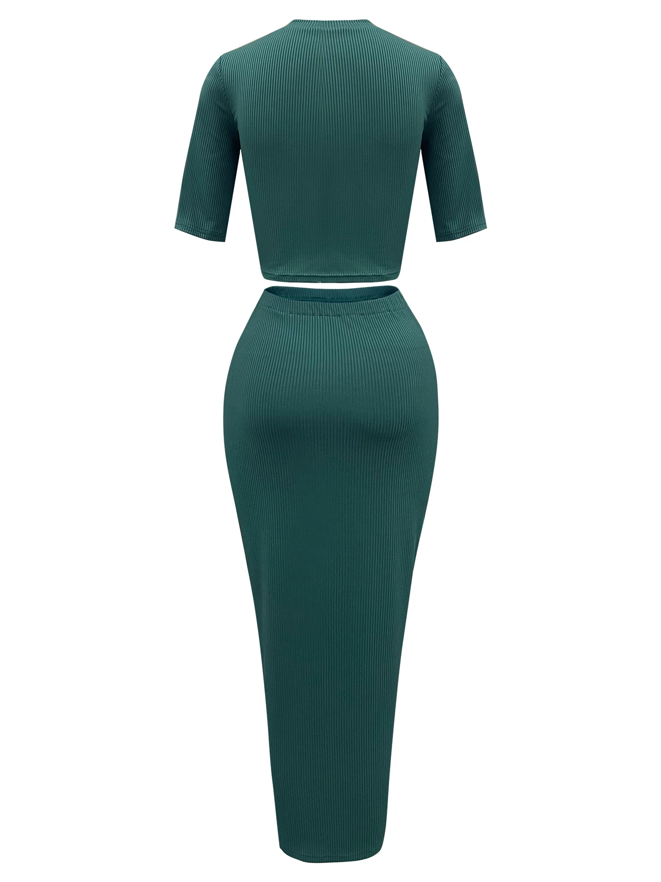 Conjunto feminino estilo europeu com gola simulada, manga curta e saia maxi bodycon assimétrica, conjunto de duas peças