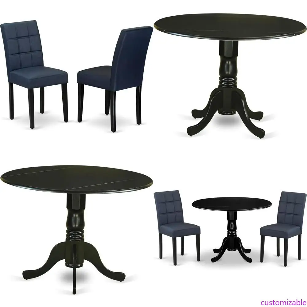 East West Furniture DLAS3-BLK-09 طقم طعام مكون من 3 قطع مع طاولة خشبية وكراسي من القماش باللون الأزرق الداكن #1