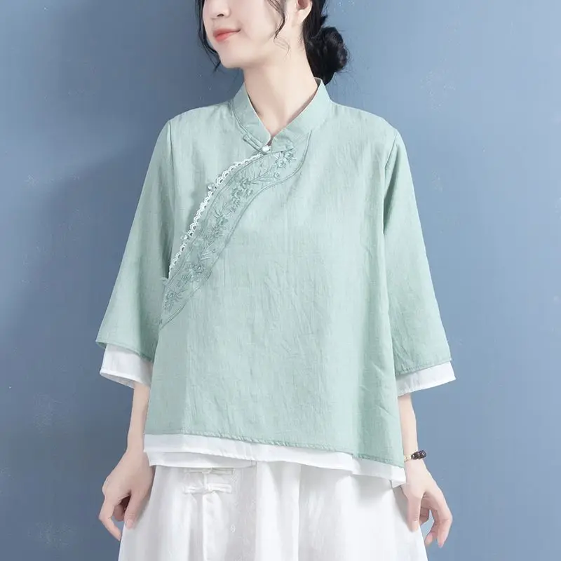 2023 chinese improved qipao blouse national flower embroidery cotton linen blouse retro double layers tea service hanfu blouse