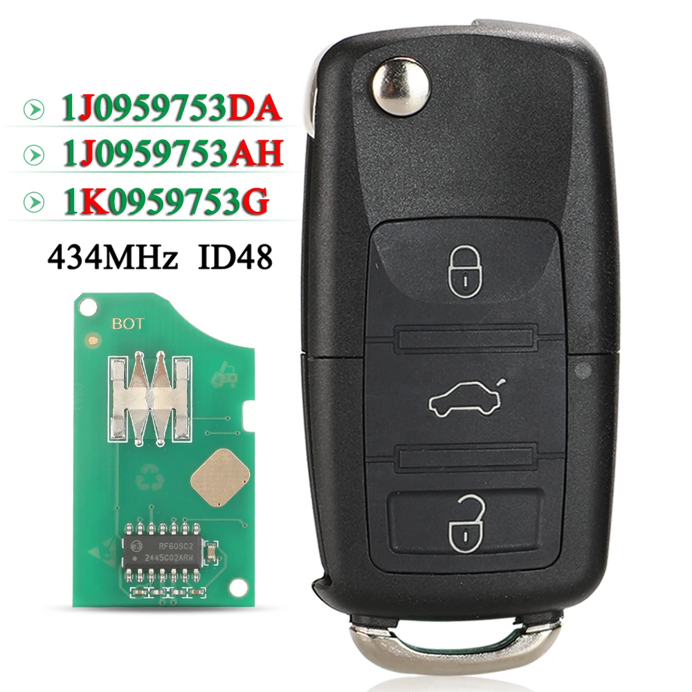 

jingyuqin 434Mhz Flip Remote Key ID48 Chip For VW Passat Polo Skoda Seat Altea Ibiza Leon Toledo 3BNT 1J0959753DA /AH 1K0959753G