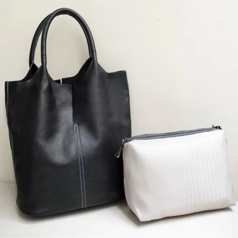 Korean Style Large Capacity Casual Tote Soft Leather Women's Bag Top Layer Cowhide,ladies' Simple Shoulder Portable Underarm Bag