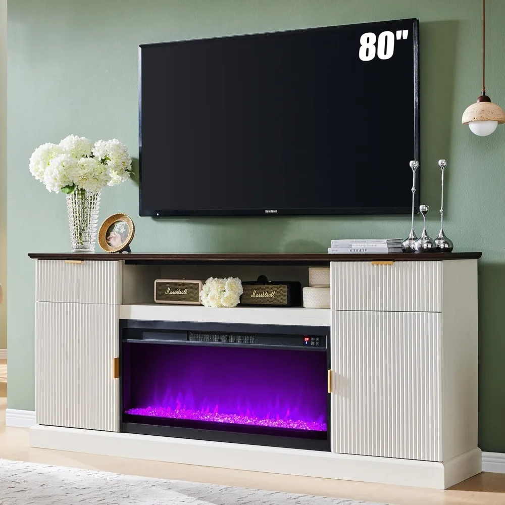 

Fluted Fireplace TV Stand for TVs Up to 80 inch, Modern Entertainment Center with 36" Electric Fireplace, Wood Media Console