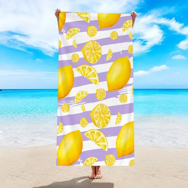 Nautical Lemon Striped Beach Towel Summer Citrus Print Quick Dry Sandproof Absorbent Towel for Beach Travel Vacation
