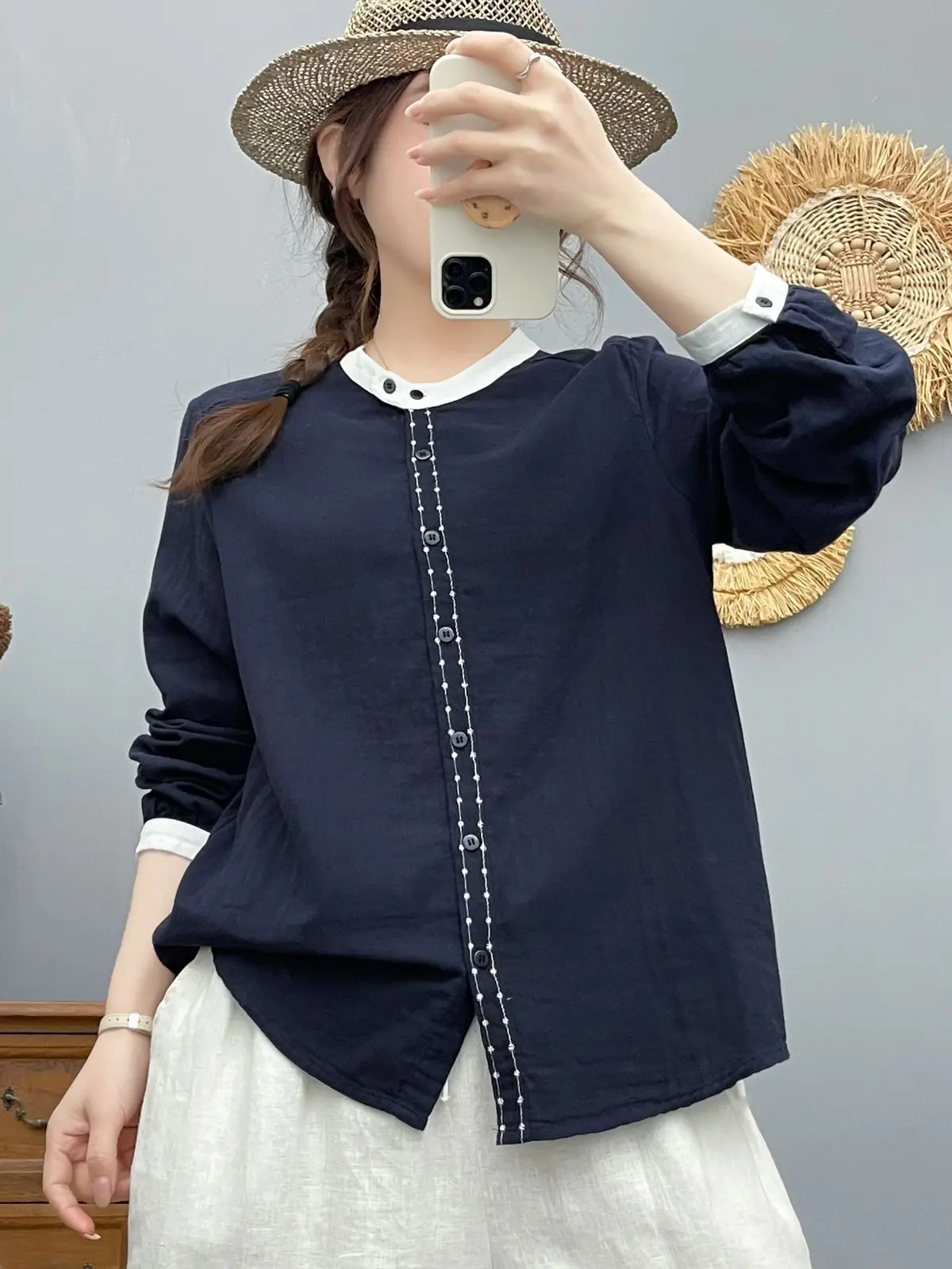 

Новая женская хлопковая рубашка с длинным рукавом на лето 2026, с вышивкой, в японском стиле Mori Girl, свободная блузка T64526CC