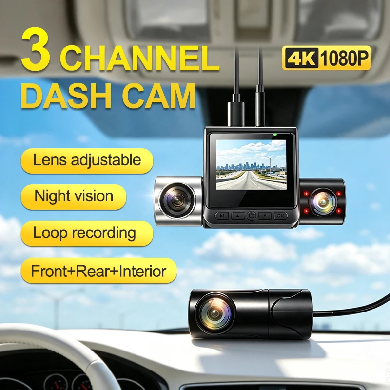 135° Wide Angle 3 Channel 4K Dashcam 1080P Interior Rear Camera Parking Monitor 2 Inch IPS Screen DVR Recorder Support G-Sensor