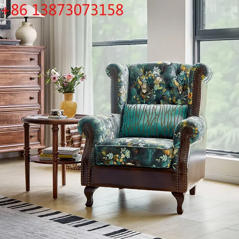 

American single wooden leather cloth retro living room balcony casual chair
