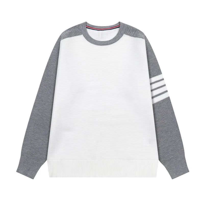 

Water Ripple Knitted Sweatirt oulder Sve Color Woven Four Stripes Casual round Ne Trendy Pure Cotton Top for Men
