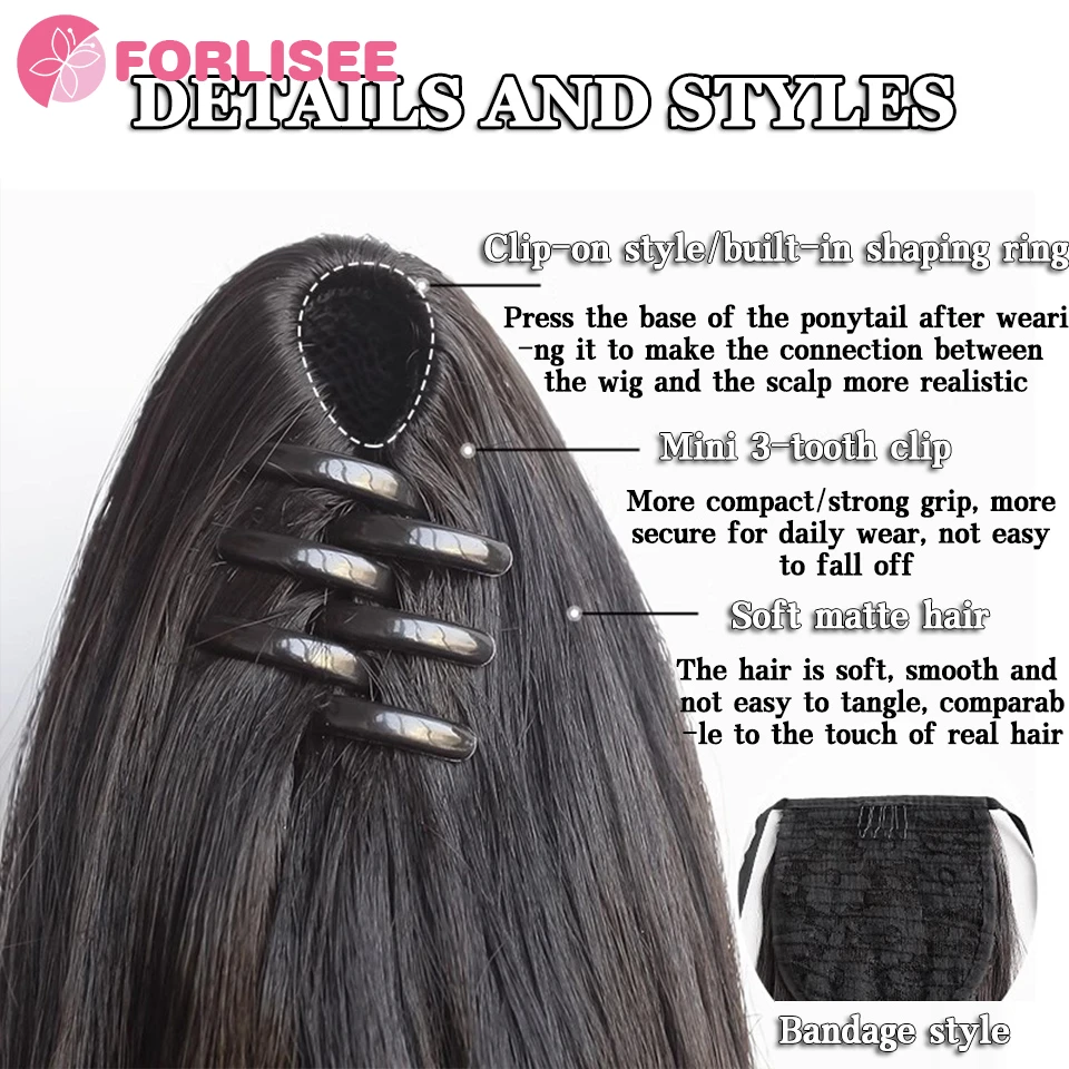 FORLISEE สังเคราะห์คว้าคลิปต่อผมหางม้าวิกผมสีดําธรรมชาติ 60 ซม.คลิปผู้หญิงหางม้าวิกผมยาวตรง Hairpiece