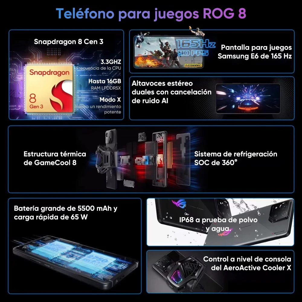 Original ASUS ROG Phone 8 Smartphone Snapdragon 8 Gen 3 6.78'' 165Hz E-Sports Screen 5500mAh 65W Fast Charging 5G Gaming Phone