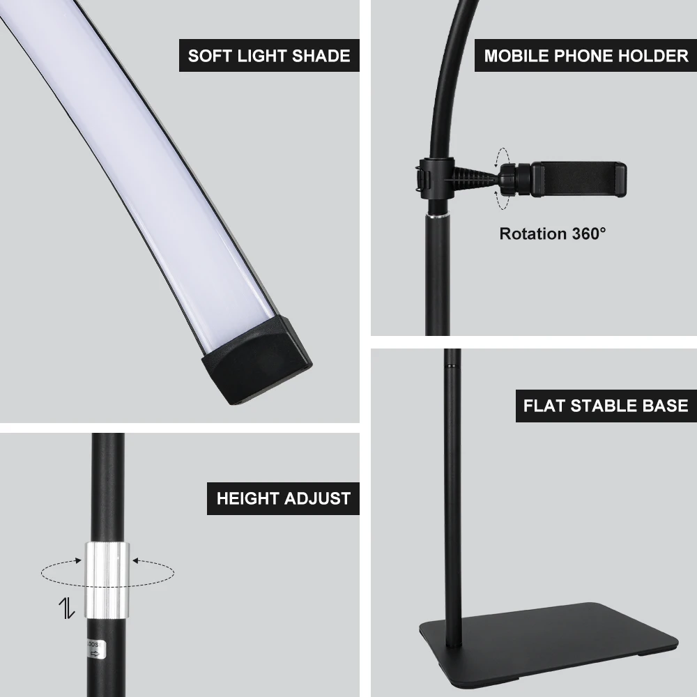 23" 36 W dimmbare Wimpernlampe, drehbares Halbmondlicht, Lash Tech, verstellbares LED-Wimpernlicht, Kosmetikerinnenlicht mit Telefonhalter – Detail 12